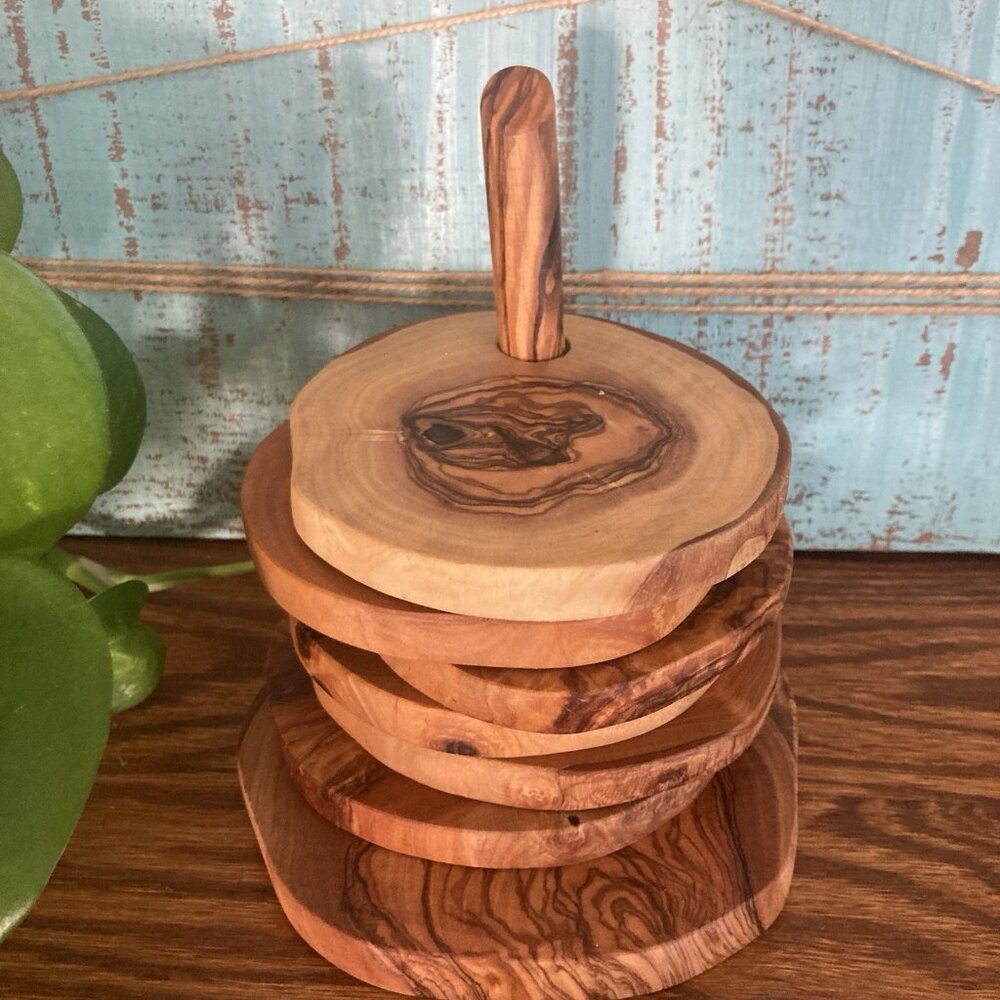 Olive Wood Rustic Natural Coaster Set of 6 with Holder Hand Made - Picture 4 of 16